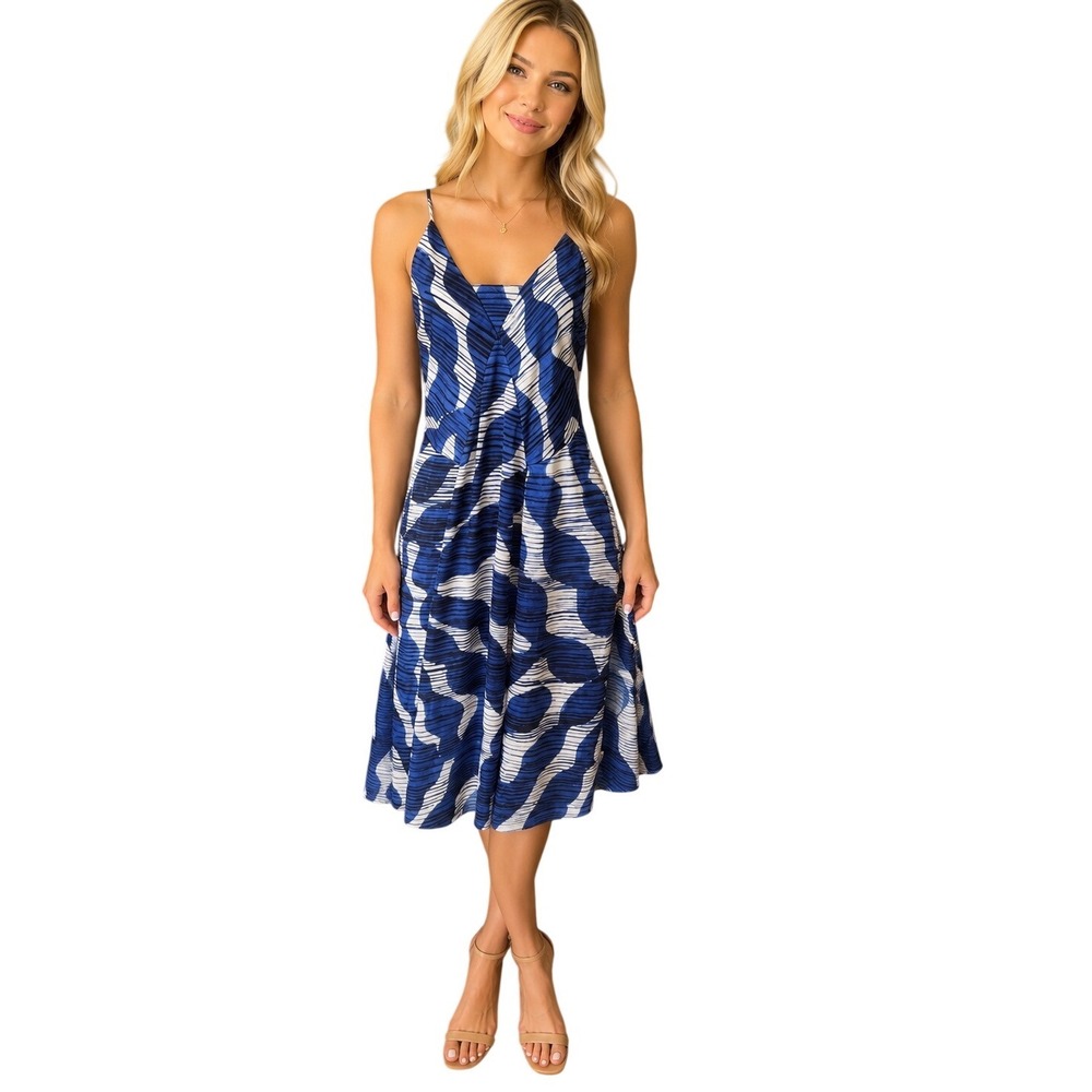 Banana Republic Blue White Geometric Wave‎ Satin V-Neck Midi Dress Small Silky